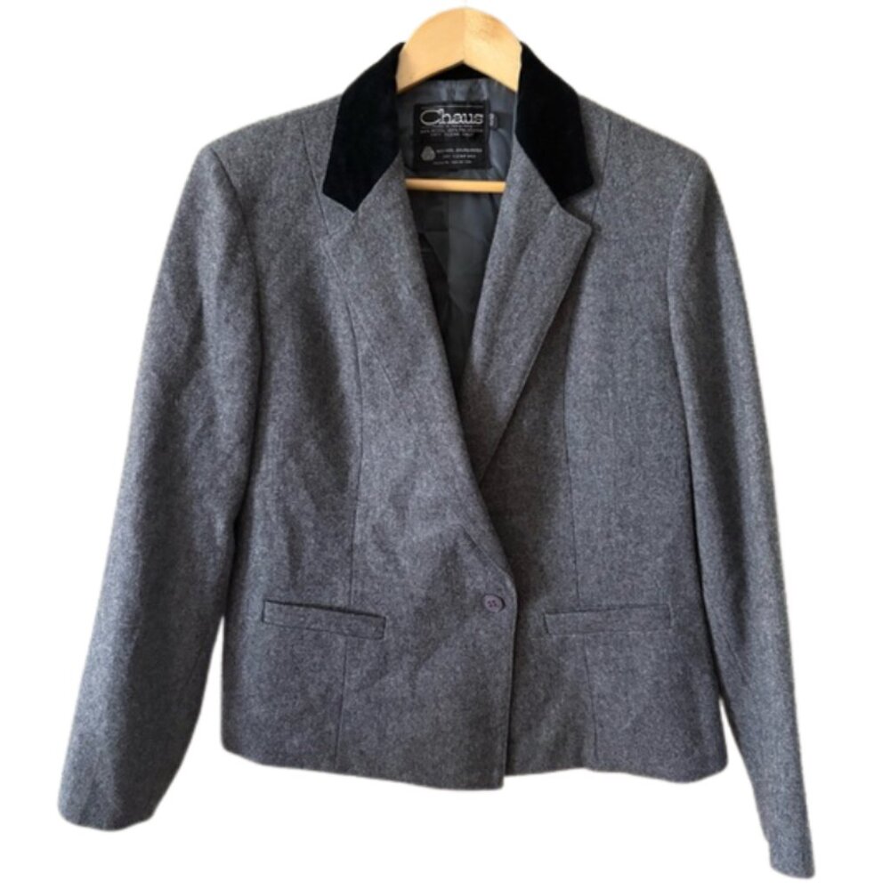 Chaus Gray Wool Blazer Black Velvet Collar Women’s 12